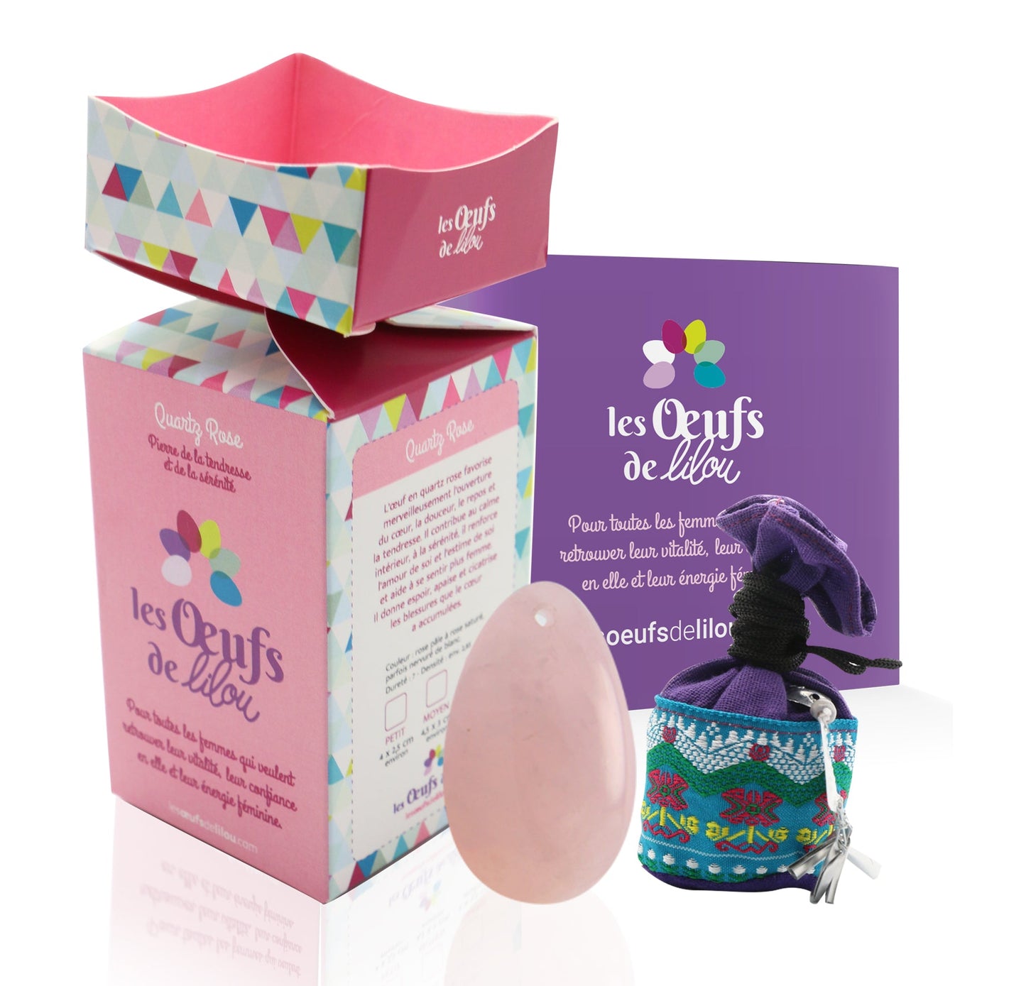 Kit complet Œuf de Yoni Quartz Rose MOYEN PERCÉ, douceur et amour de soi