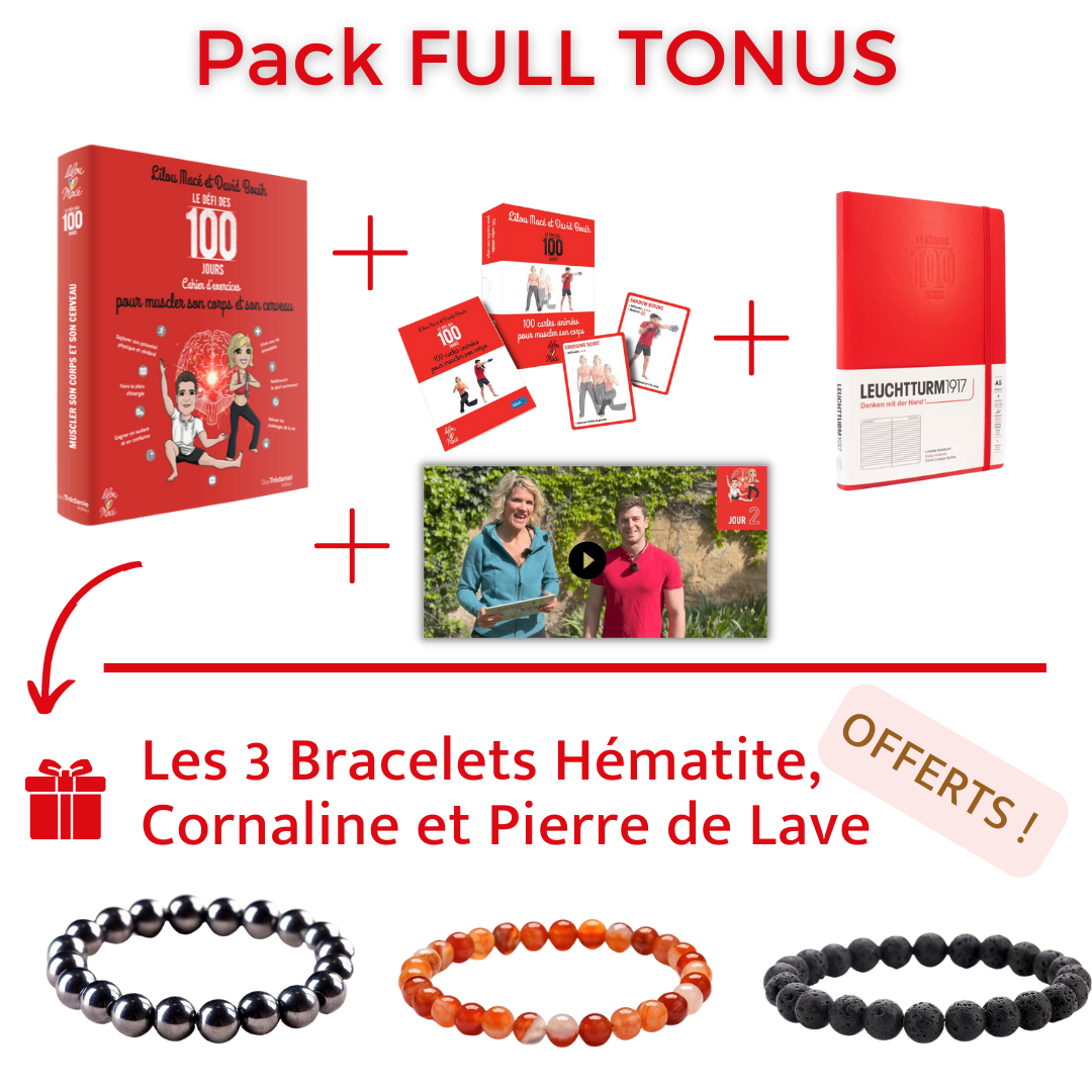 Pack FULL Tonus : 1 Cahier du Défi sport + 100 Cartes sport + 1 Carnet Rouge + 100 vidéos de Coaching en promotion + 3 Bracelets OFFERTS