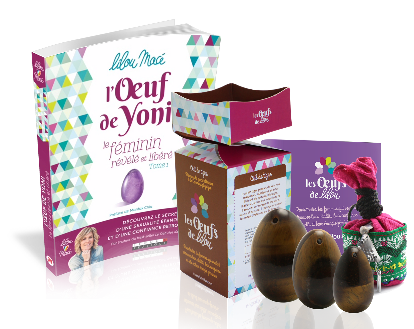 Kit complet Oeuf de Yoni OEIL DE TIGRE : pierre de la force intérieure et de l’ancrage physique, Les Oeufs de Lilou