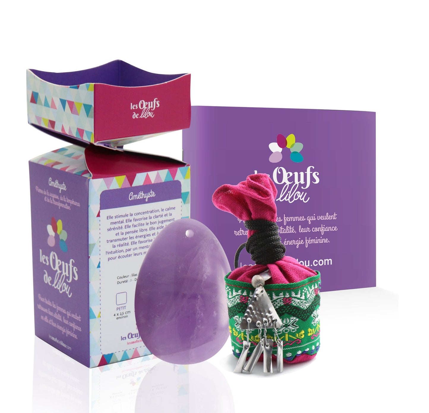 Kit complet Œuf de Yoni Améthyste GRAND PERCÉ, pierre de la spiritualité