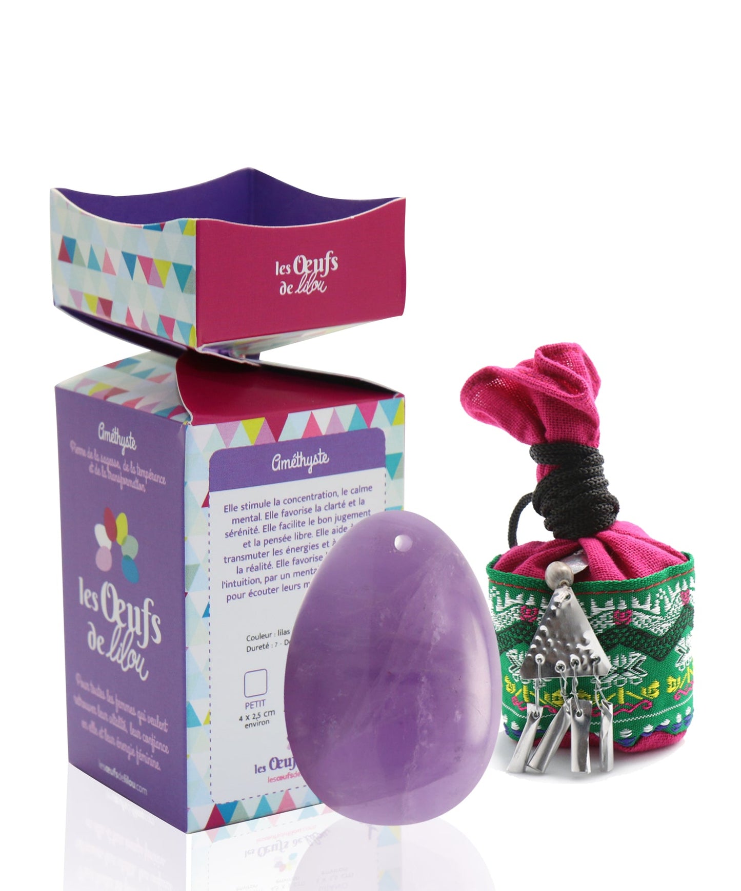 Kit complet Œuf de Yoni Améthyste GRAND PERCÉ, pierre de la spiritualité