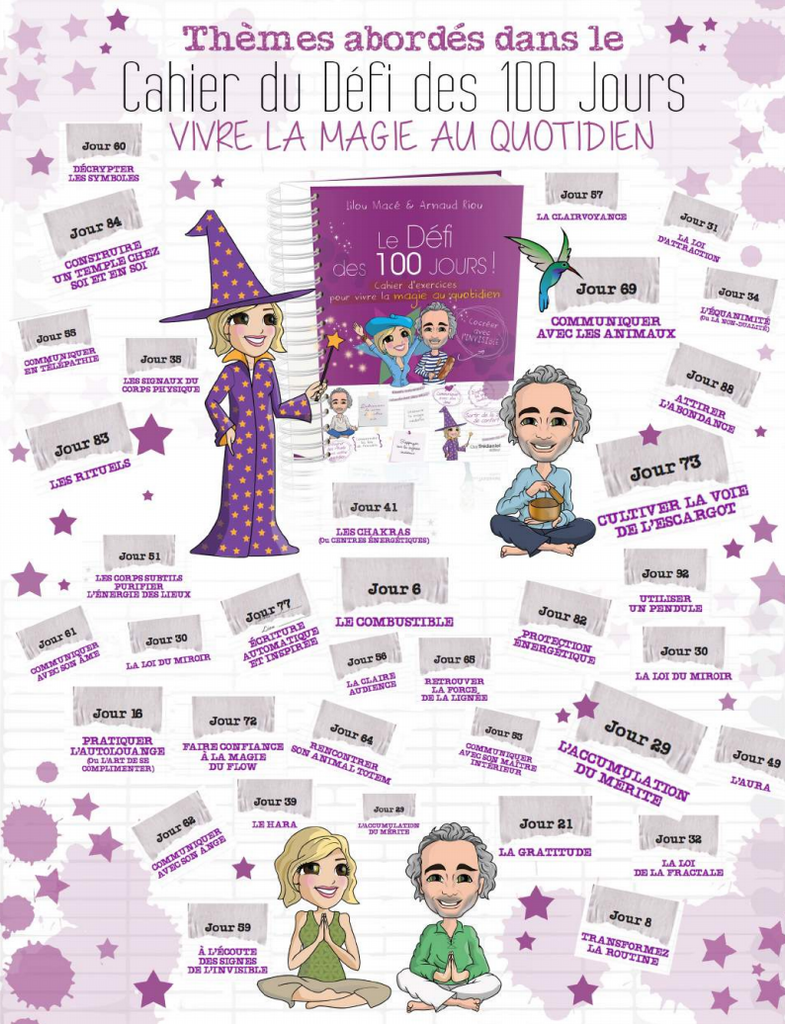 PACK Cahier d'exercices du Défi des 100 jours pour VIVRE LA MAGIE AU QUOTIDIEN  + 100 cartes Magie + POCHETTE CADEAU