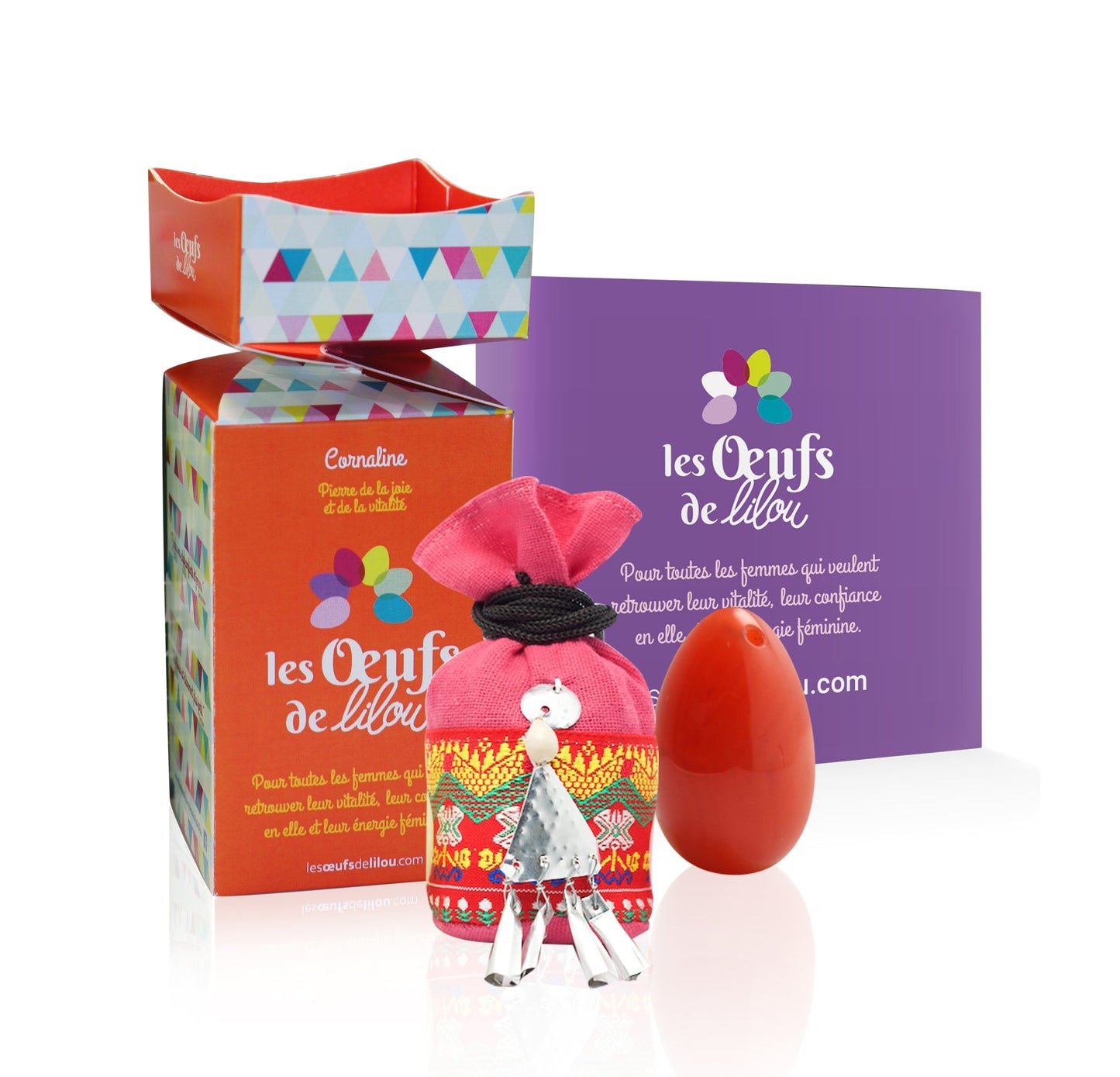 Kit complet Œuf de Yoni Cornaline PETIT PERCÉ, pierre de la femme et de la joie, Les Oeufs de Lilou
