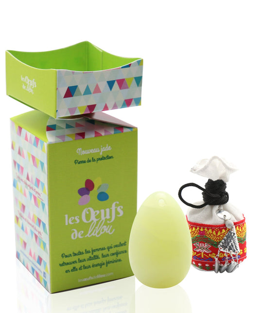 Kit complet Œuf de Yoni Nouveau jade MOYEN NON PERCÉ, pierre de protection et apaisante, Les Oeufs de Lilou